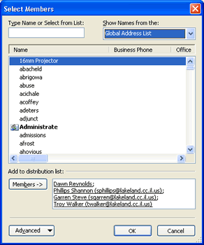 Select members dialog box