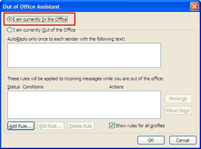 Out of Office Assistant dialog box