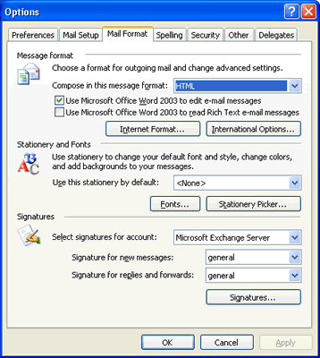 Mail format tab in Options dialog box