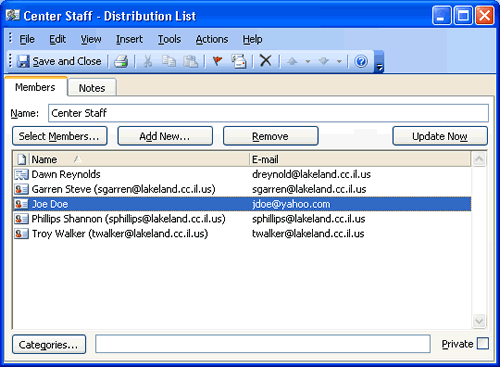 Distribution List dialog box with members 