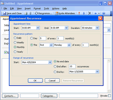 Appointment Recurrence dialog box